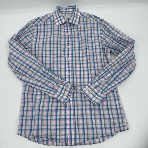 Bar III Shirt Men Medium Blue Pink Plaid Stretch Slim Long Sleeve Button Up - Picture 1 of 9